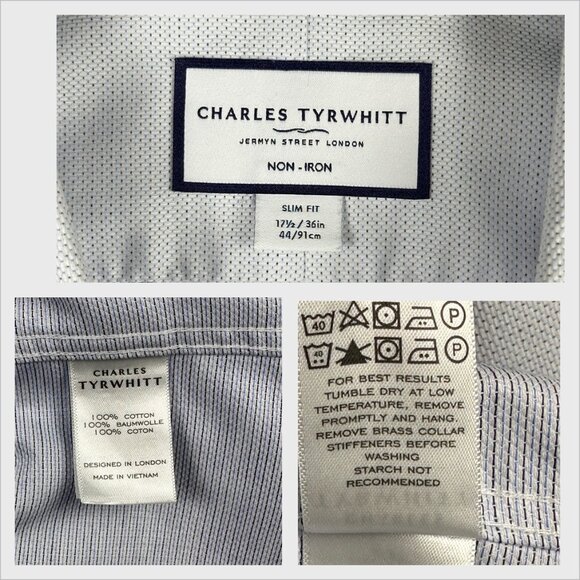 Charles Tyrwhitt Mens Slim Fit Non-Iron Dress Shirt Blue Dot 17.5/36 XL 44/91cm - Picture 9 of 11